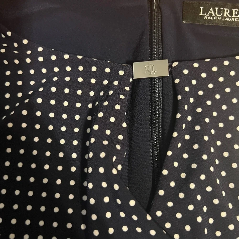NEW Ralph Lauren Faux Wrap Ruched Jersey Knit Polka Dot Midi Dress in Navy Sz 6